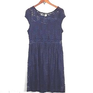 Deb Vintage Navy Lace Cap Sleeve Sheer Belly Mini Shift Dress